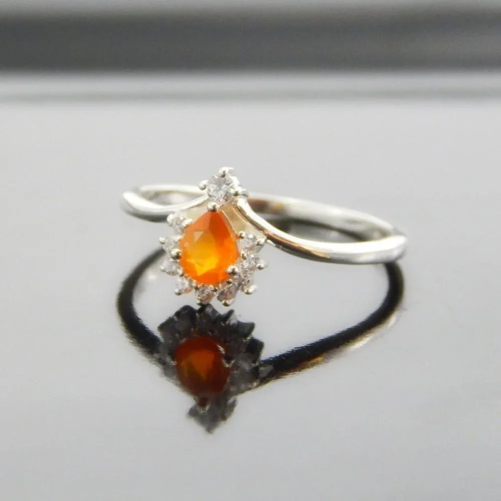 Genuine Mexican Fire Opal Pear Cut Ring in 925 Silver